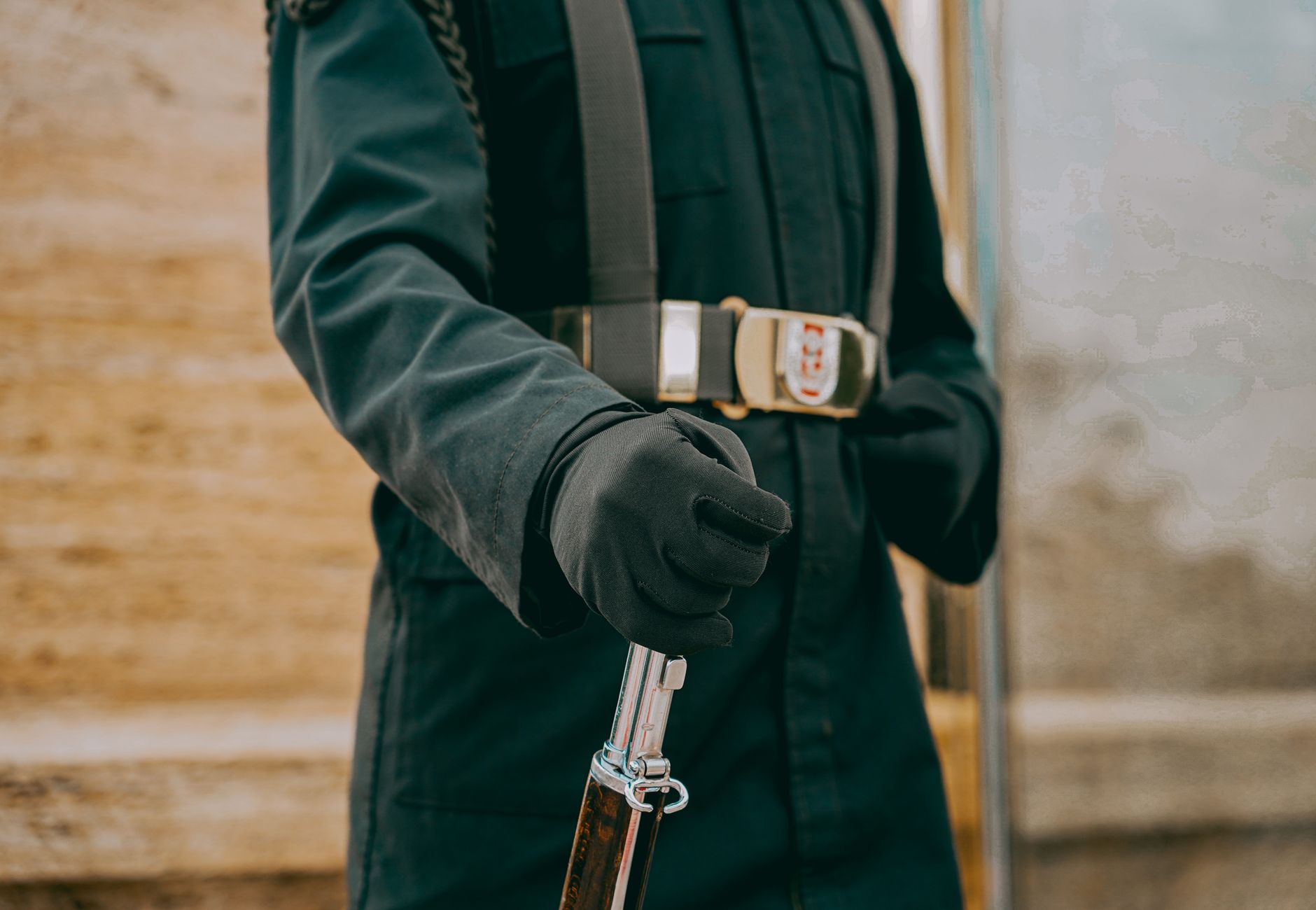Close-up of a military guard in uniform holding a rifle in Ankara, Turkey.