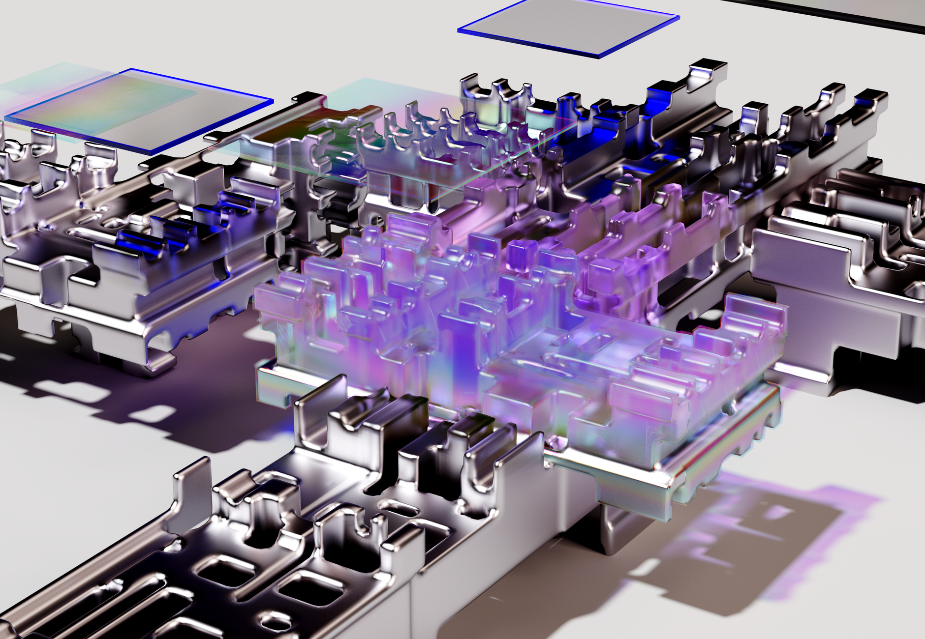 A futuristic 3D render showcasing abstract tech design with vibrant colors.