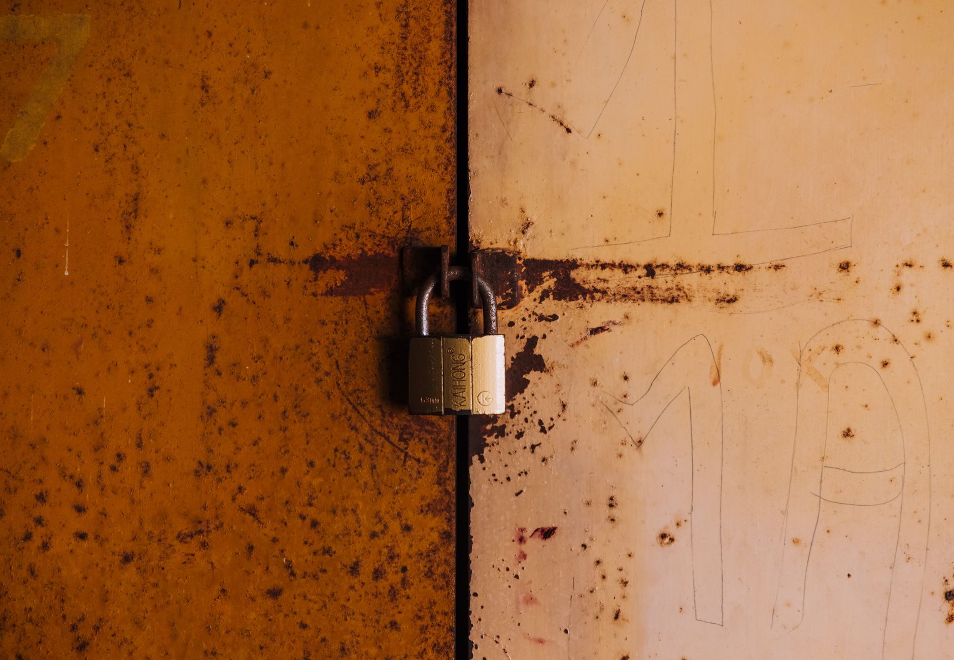 A close-up view of a rusty padlock securing a weathered metal door, highlighting decay and security.